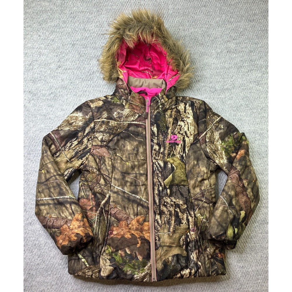 Mossy Oak Womens Large Camo Pink Faux Fur Hood Hunting Puffer Jacket L 12-14